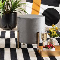 Baxton Studio FZD190717-Grey Velvet-Ottoman Thurman Contemporary Glam and Luxe Grey Velvet Fabric Upholstered and Gold Finished Metal Ottomant